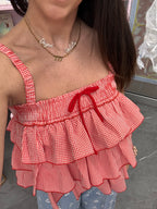 Women's red gingham layered tank top with red bow