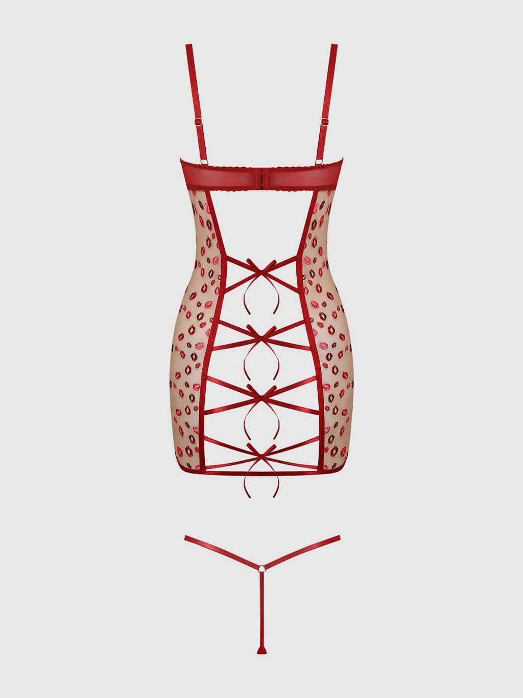 Women's Angelina Lips Embroidery Bow Chemise Set -Red - Intimate Whispers