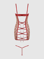 Women's Angelina Lips Embroidery Bow Chemise Set -Red - Intimate Whispers