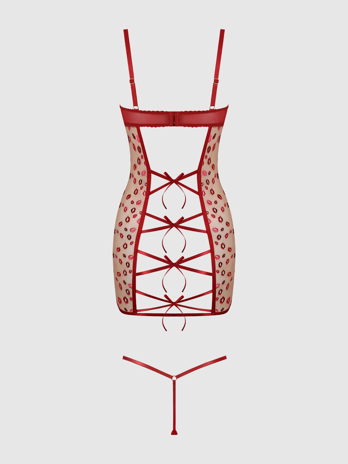 Women's Angelina Lips Embroidery Bow Chemise Set -Red - Intimate Whispers