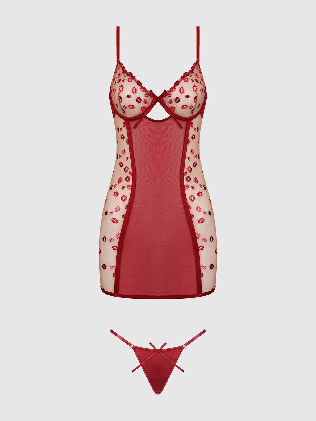 Women's Angelina Lips Embroidery Bow Chemise Set -Red - Intimate Whispers