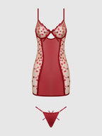 Women's Angelina Lips Embroidery Bow Chemise Set -Red - Intimate Whispers