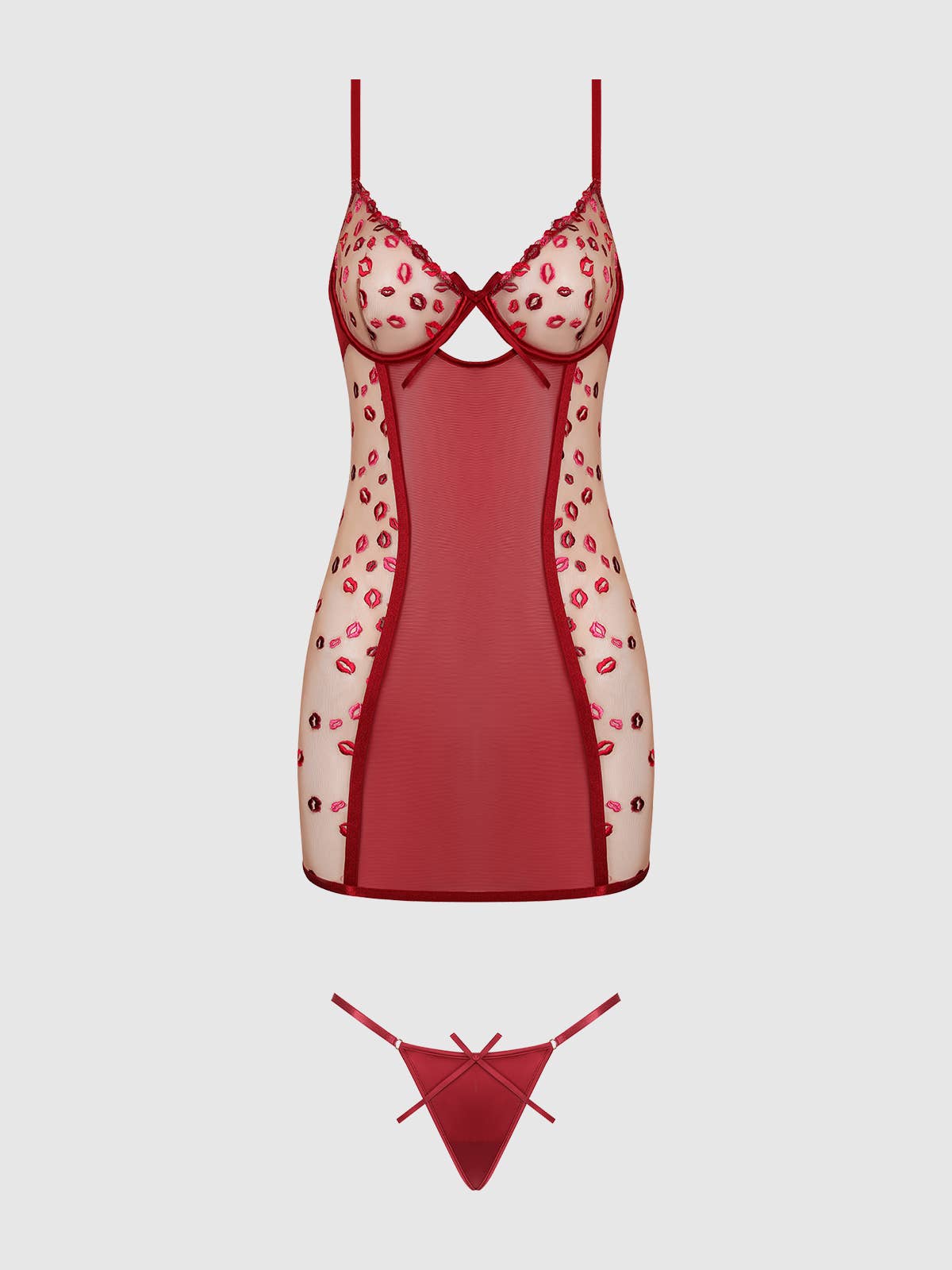 Women's Angelina Lips Embroidery Bow Chemise Set -Red - Intimate Whispers