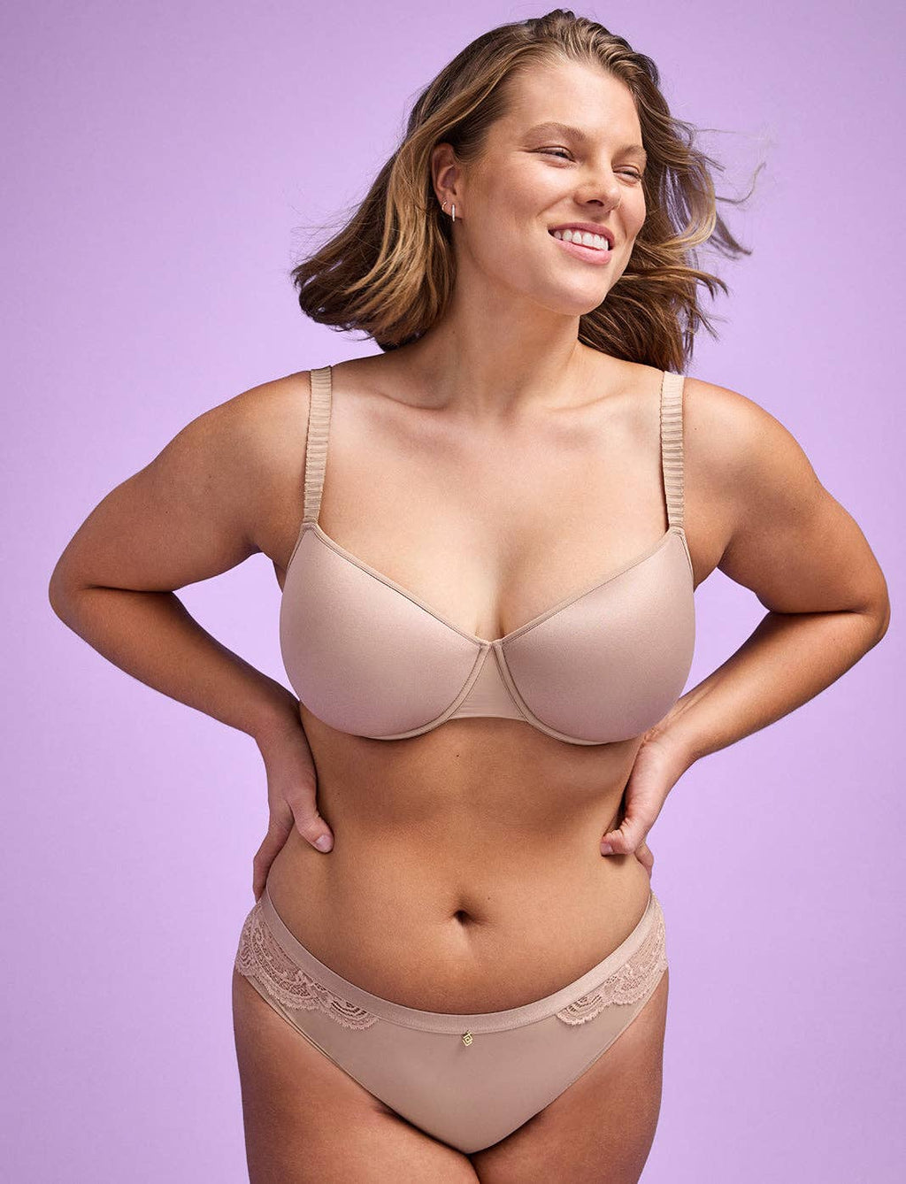 Women's ThirdLove T-shirt bra in beige on model front view