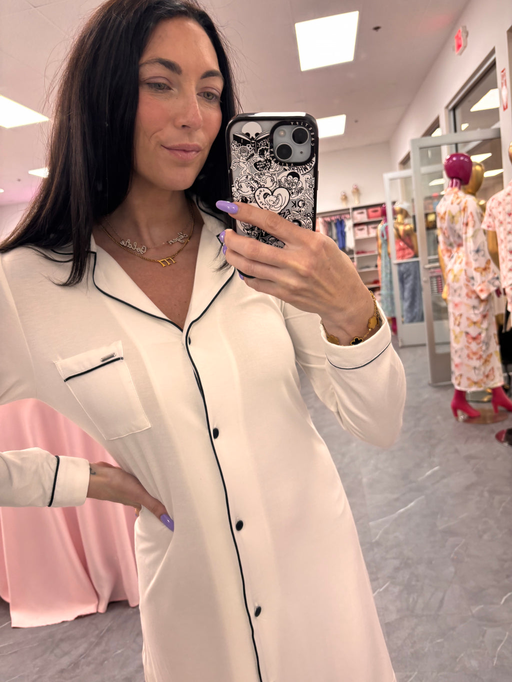 Women's bamboo white nightshirt with black button up details and front chest pocket