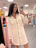 Women's bamboo white nightshirt with black button up details and front chest pocket