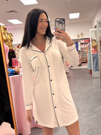 Women's bamboo white nightshirt with black button up details and front chest pocket