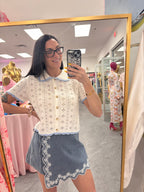 Women's white and light blue pointelle top on model