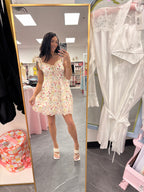 Women's white floral sweetheart neck ruffle mini dress