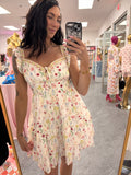 Women's white floral sweetheart neck ruffle mini dress