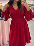 Women's wine red dress with cut out flowy sleeves and banded high waist v neck top