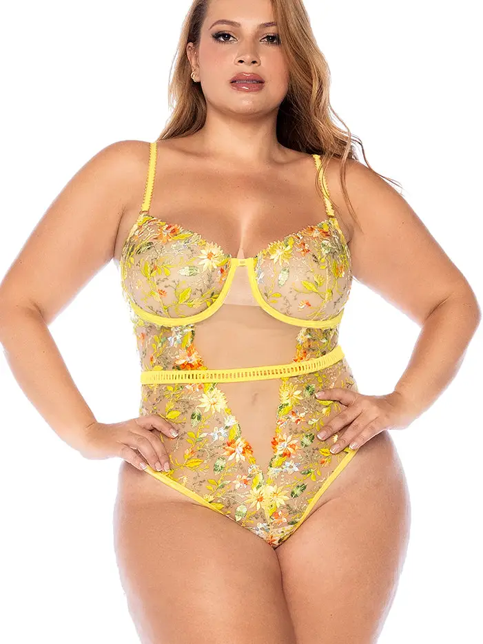Plus size model wearing yellow spring summer lingerie bodysuit