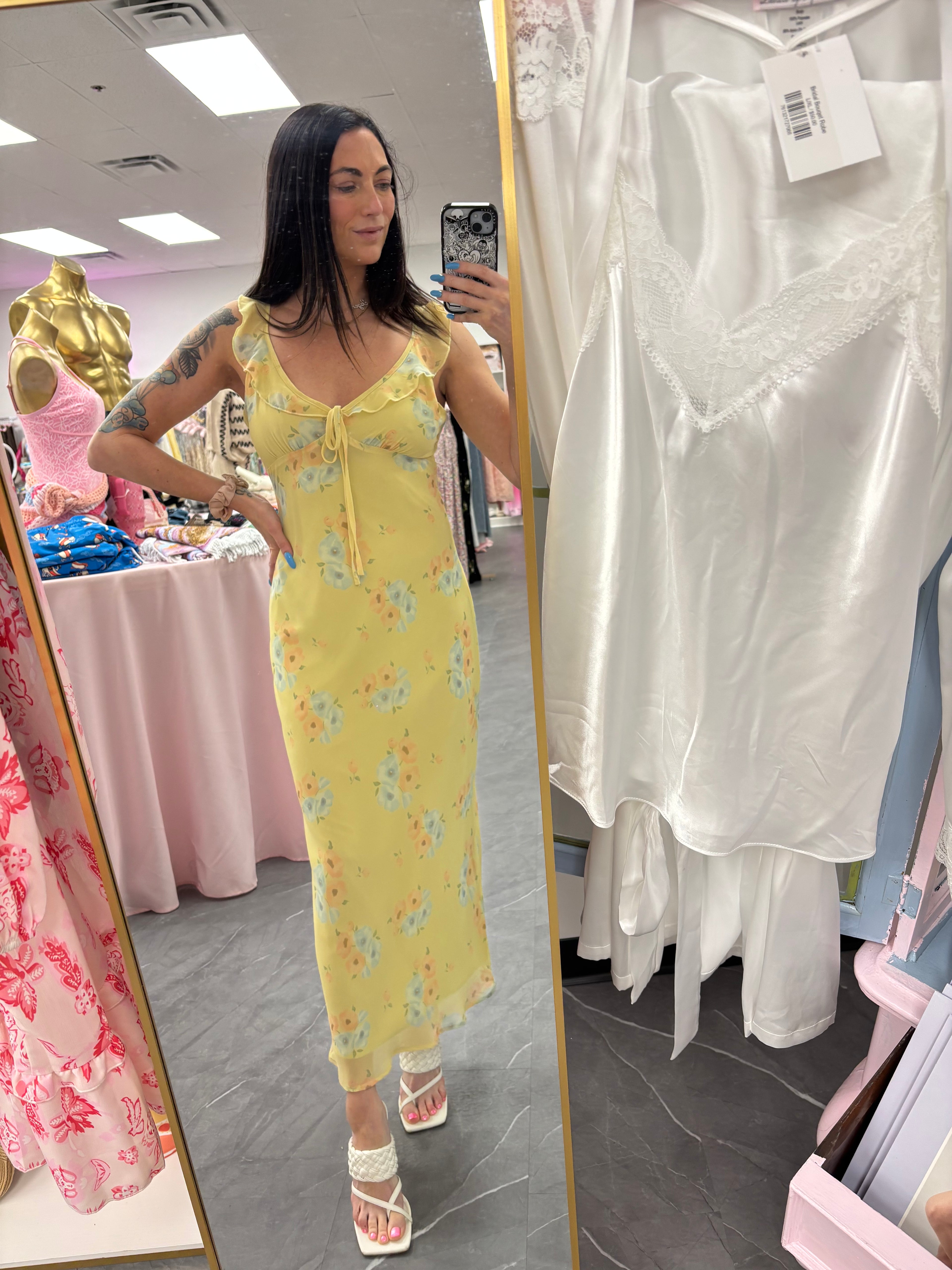 Women's yellow maxi dress with pink and blue floral pattern sweetheart tie neckline