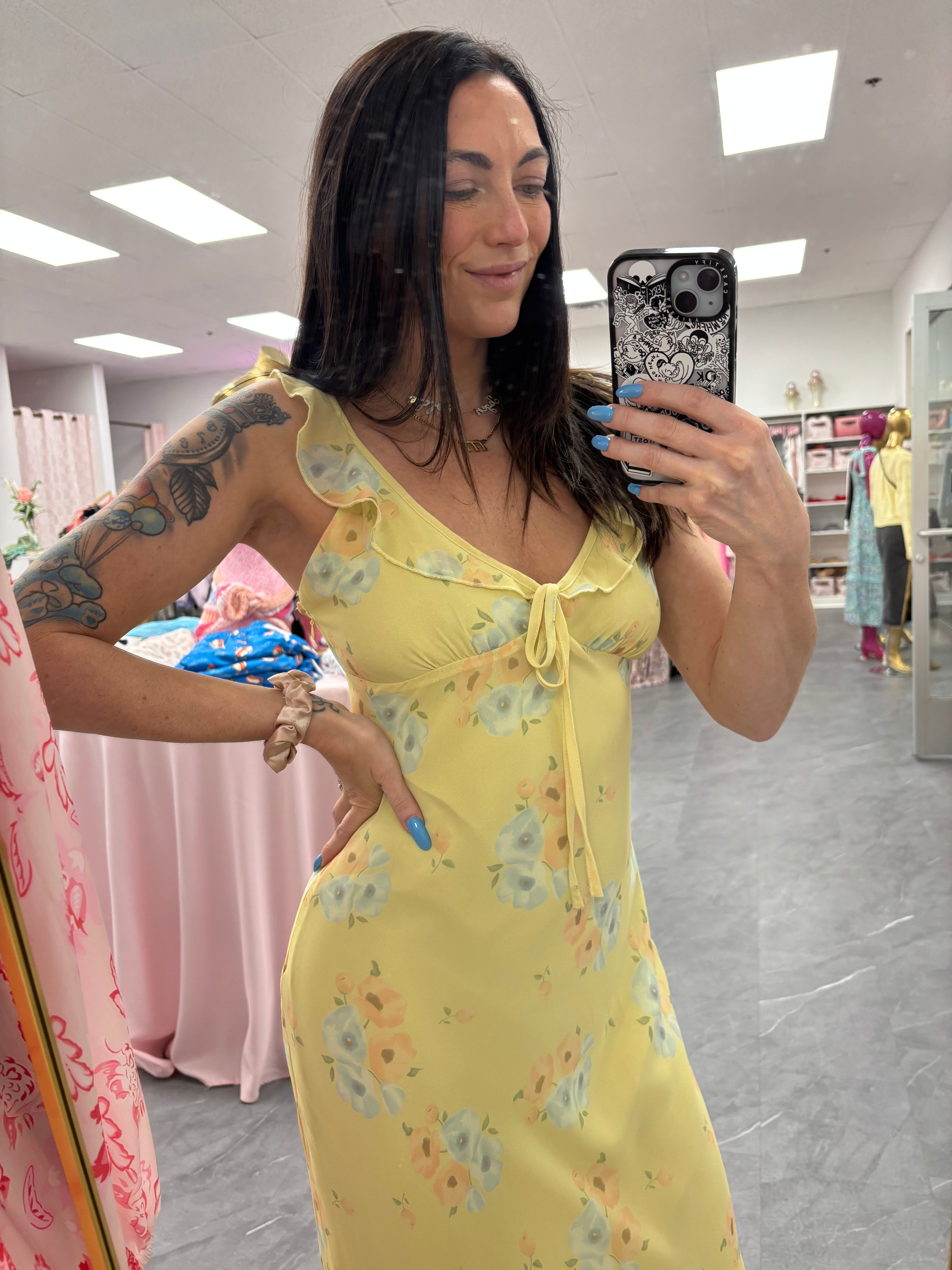 Women's yellow maxi dress with pink and blue floral pattern sweetheart tie neckline