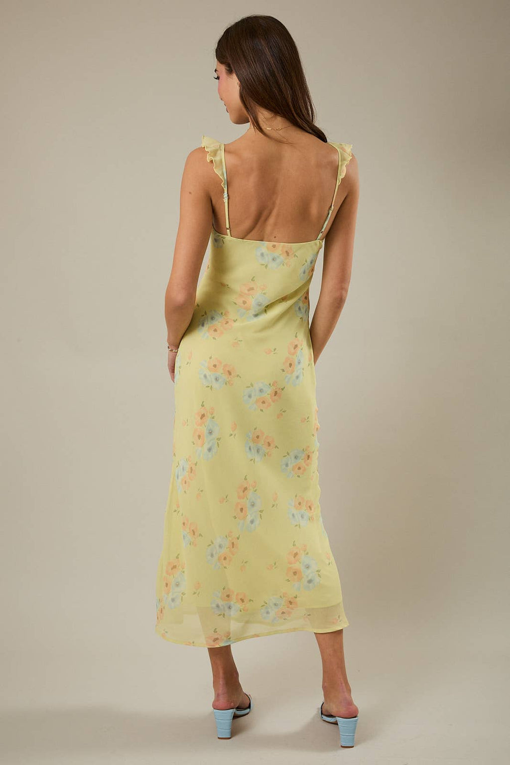 Women's yellow maxi dress with pink and blue floral pattern sweetheart tie neckline