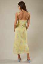 Women's yellow maxi dress with pink and blue floral pattern sweetheart tie neckline