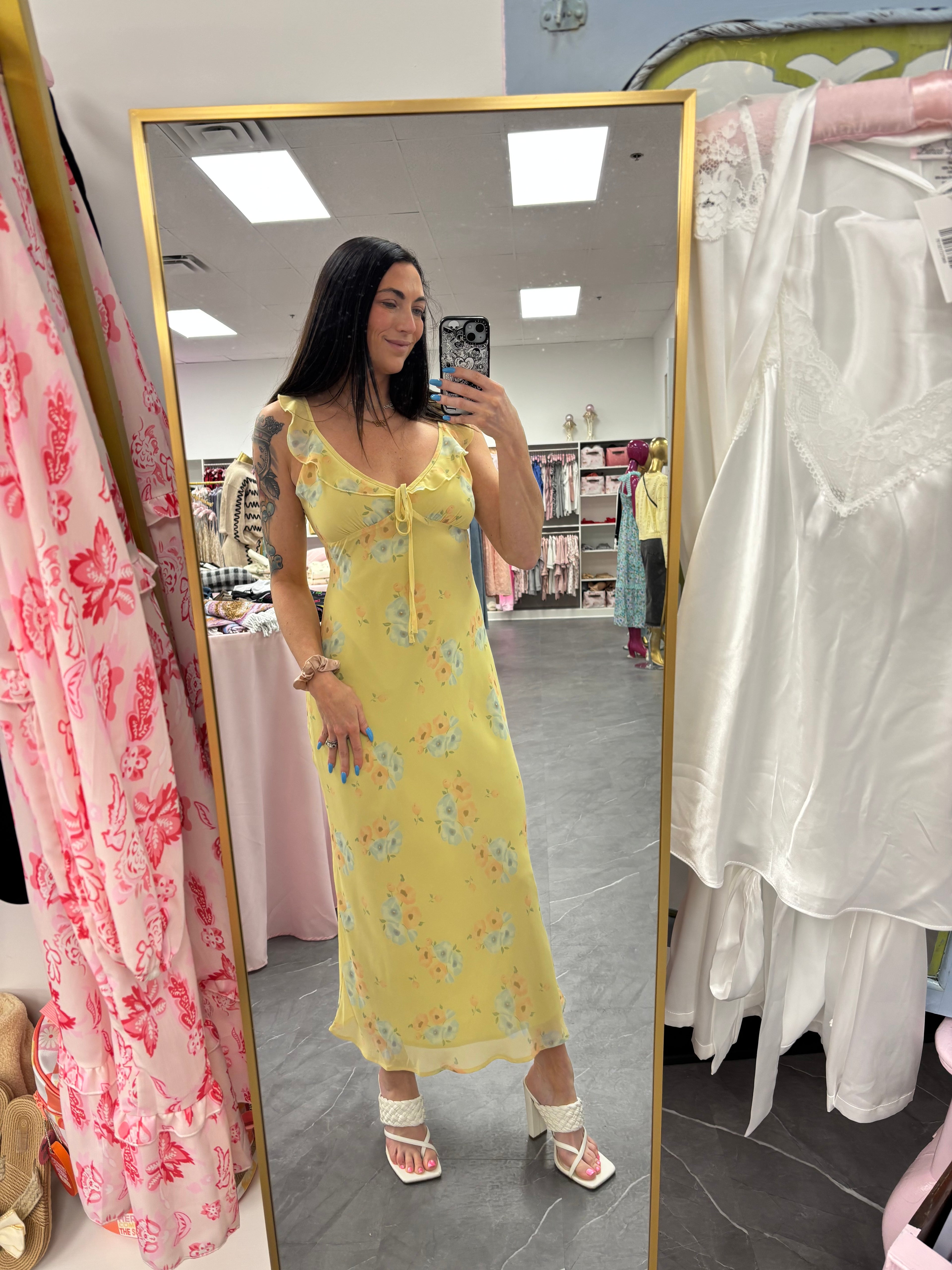 Women's yellow maxi dress with pink and blue floral pattern sweetheart tie neckline
