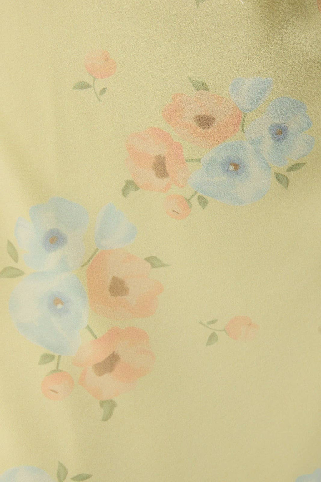 Women's yellow maxi dress with pink and blue floral pattern sweetheart tie neckline