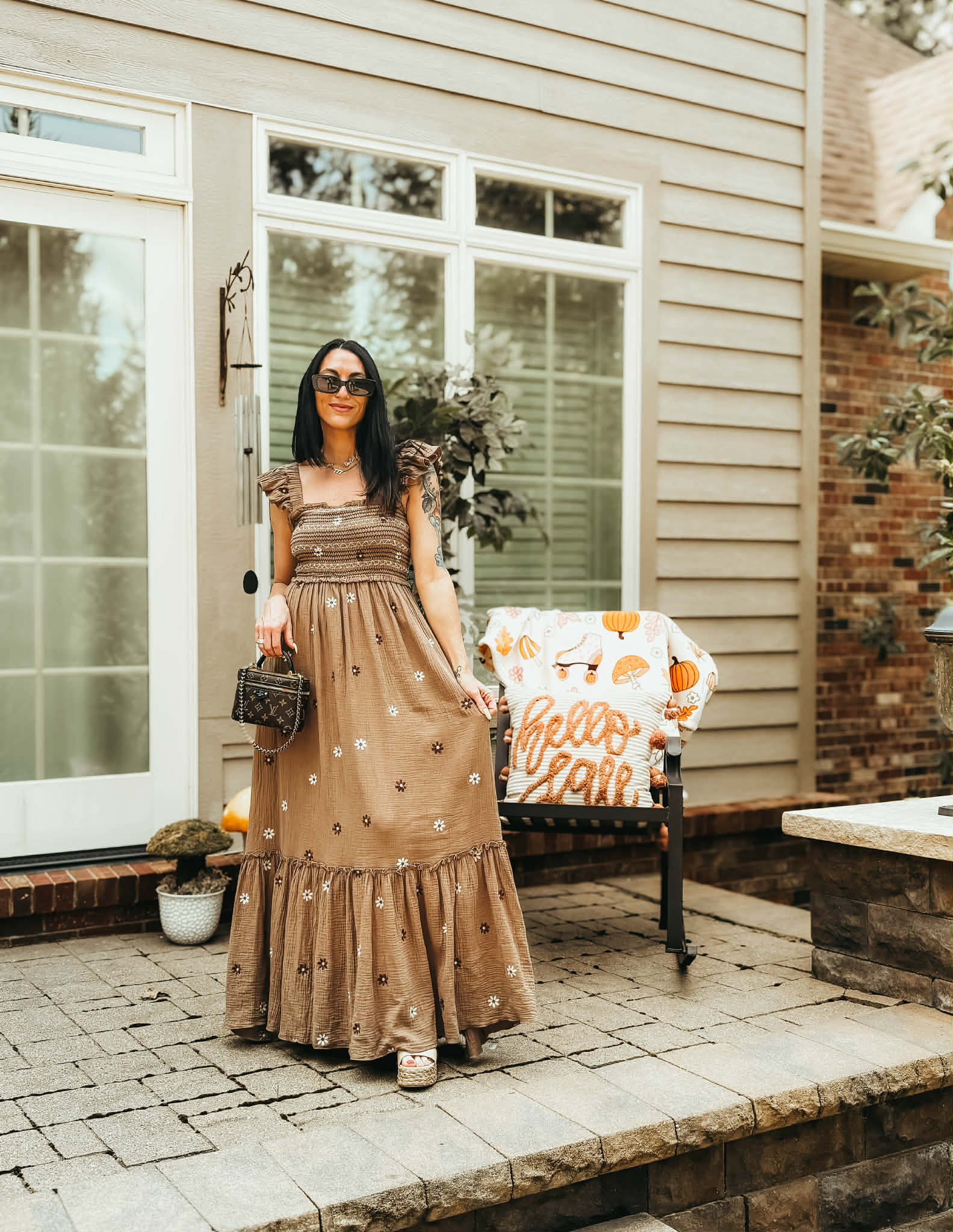 Floral Embroidered Maxi Dress: Brown