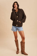 Chunky Button Cable Knit Cardigan - Mocha