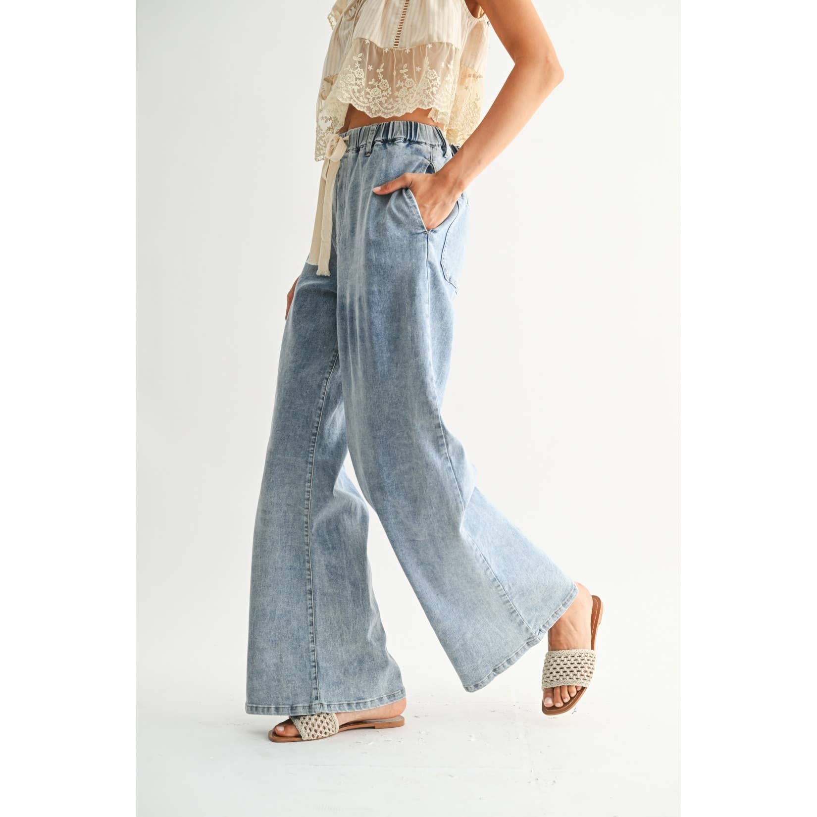 Wide-Leg Denim Trousers with Drawstring - Medium Wash