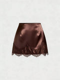 Lace Satin Mini Skirt: Coffee