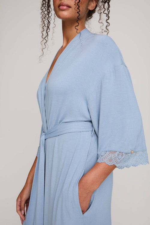 Bamboo Lace Kimono Robe in Blue Mist