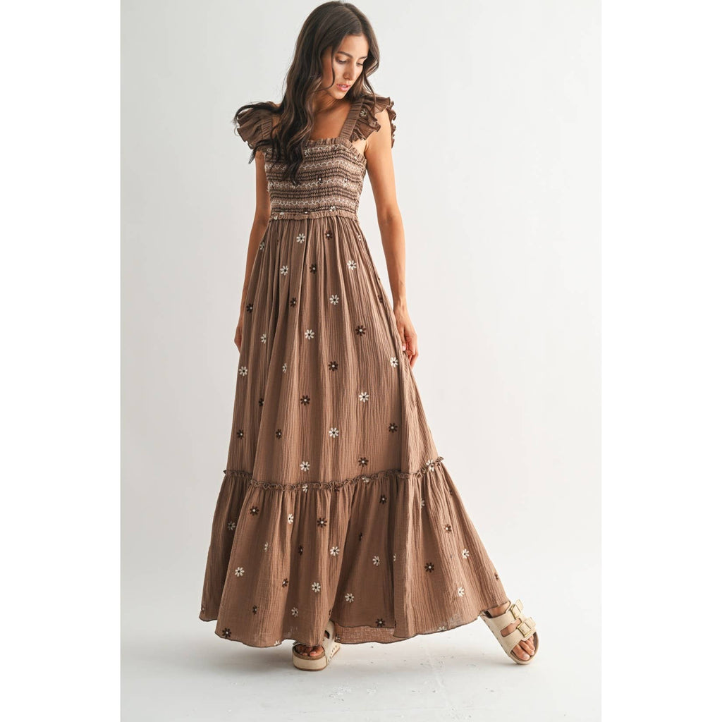 Floral Embroidered Maxi Dress: Brown