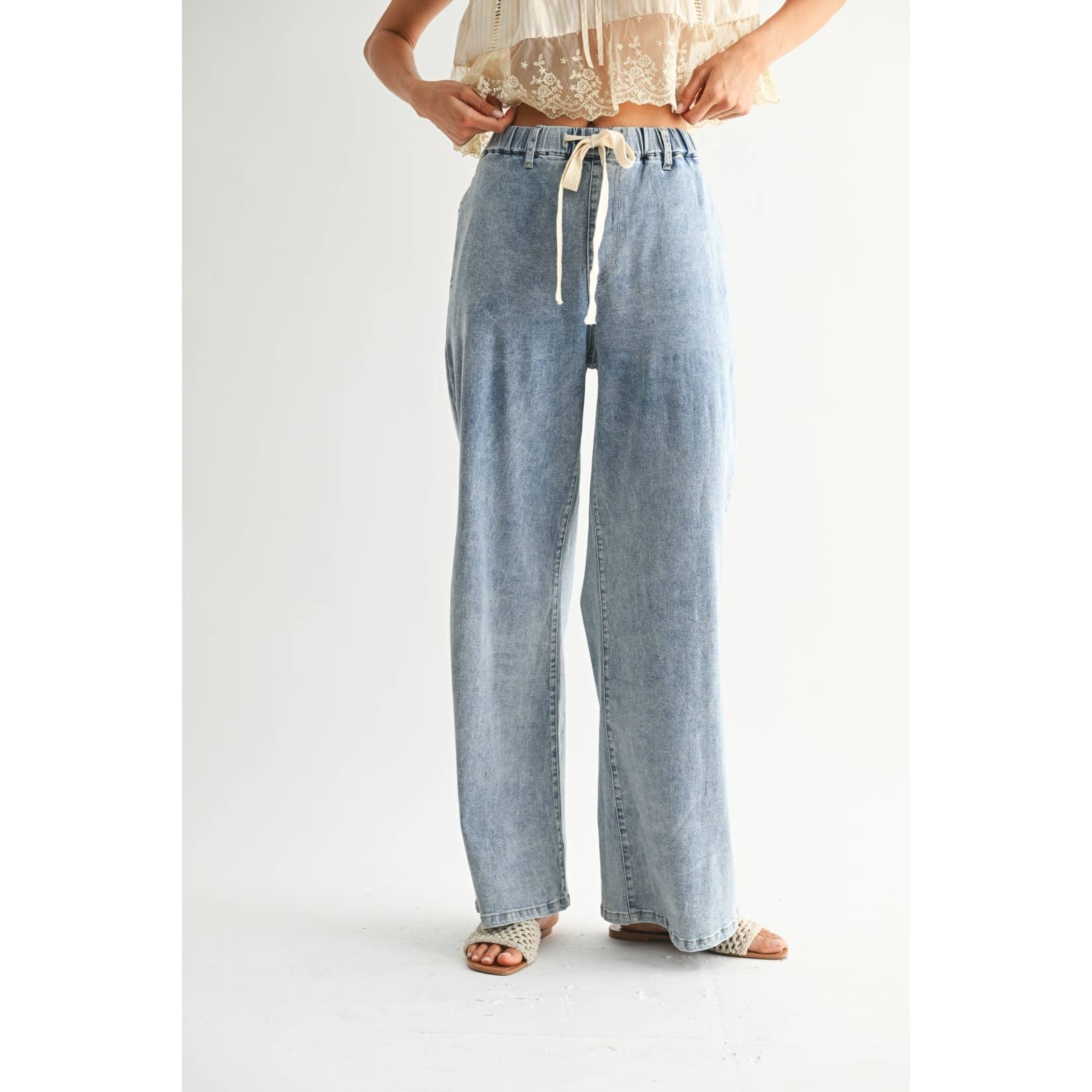 Wide-Leg Denim Trousers with Drawstring - Medium Wash