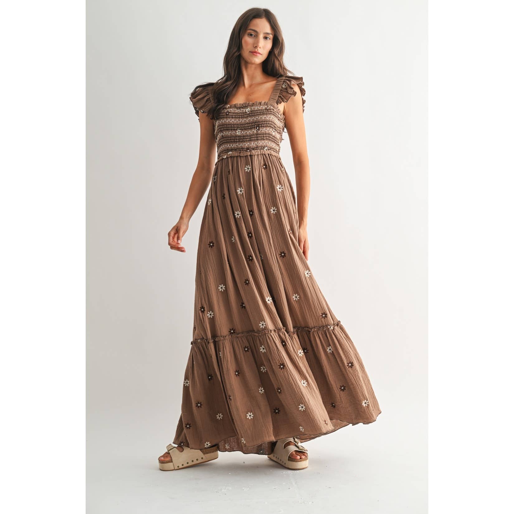 Floral Embroidered Maxi Dress: Brown