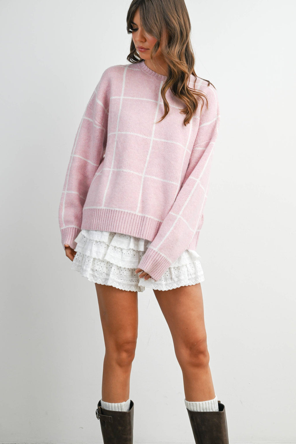 Checkered Crew Neck Knit Sweater