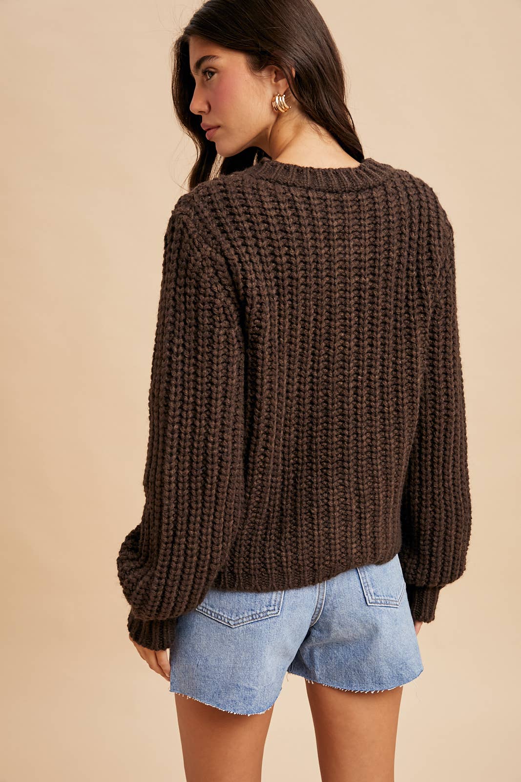 Chunky Button Cable Knit Cardigan - Mocha