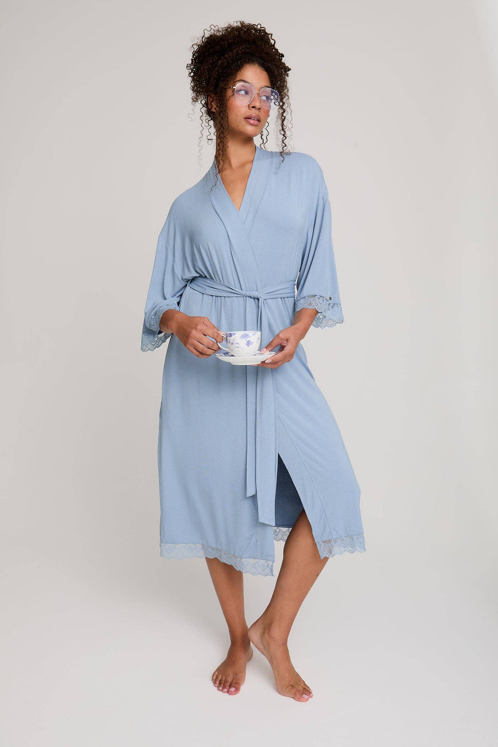 Bamboo Lace Kimono Robe in Blue Mist