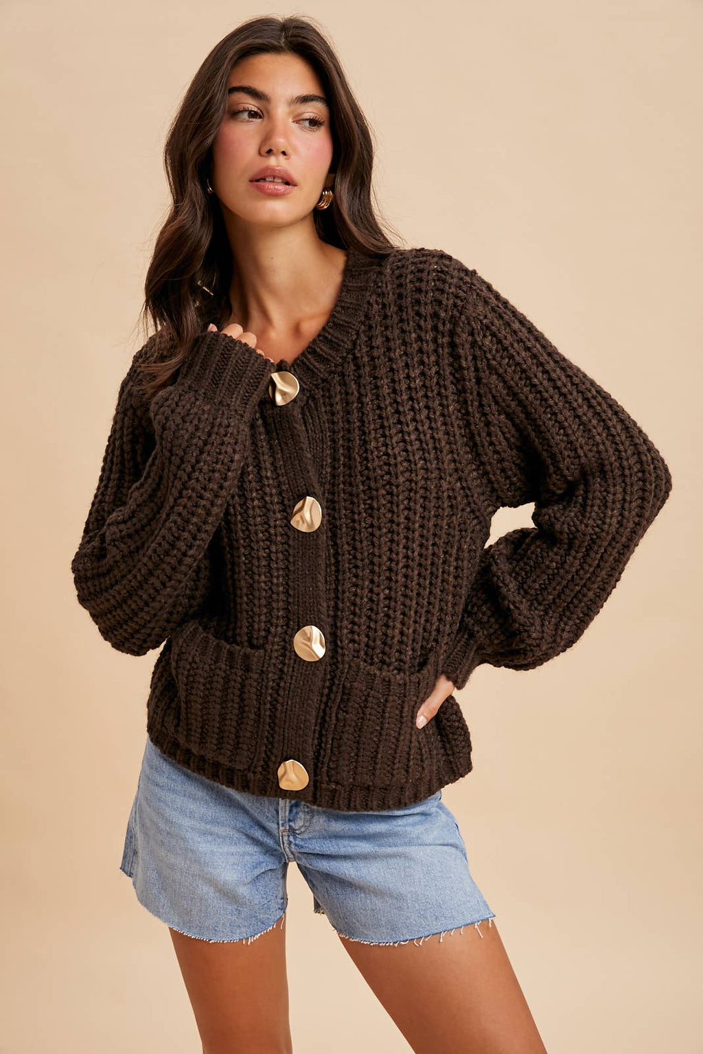 Chunky Button Cable Knit Cardigan - Mocha