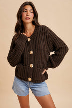 Chunky Button Cable Knit Cardigan - Mocha
