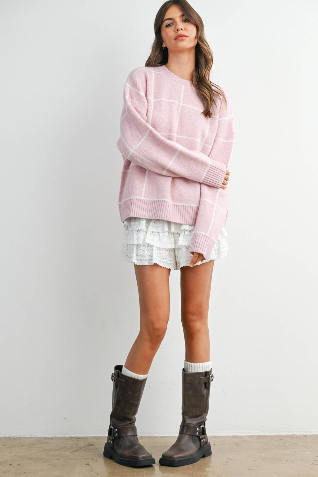 Checkered Crew Neck Knit Sweater