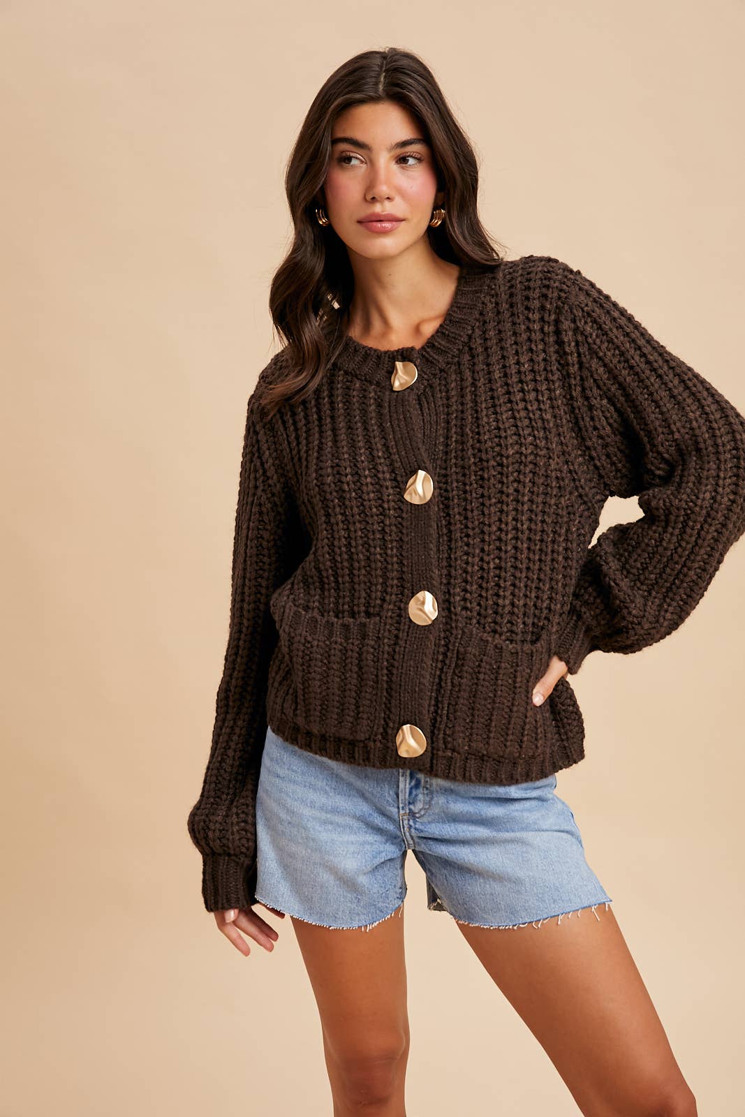 Chunky Button Cable Knit Cardigan - Mocha