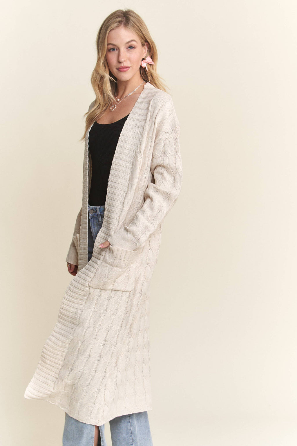 Cable Knit Long Cardigan - Cream