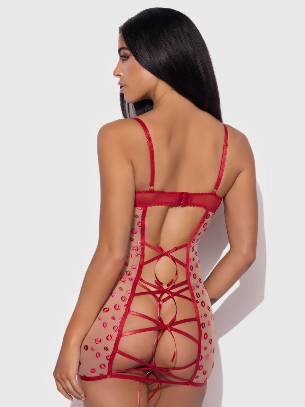 Women's Angelina Lips Embroidery Bow Chemise Set -Red