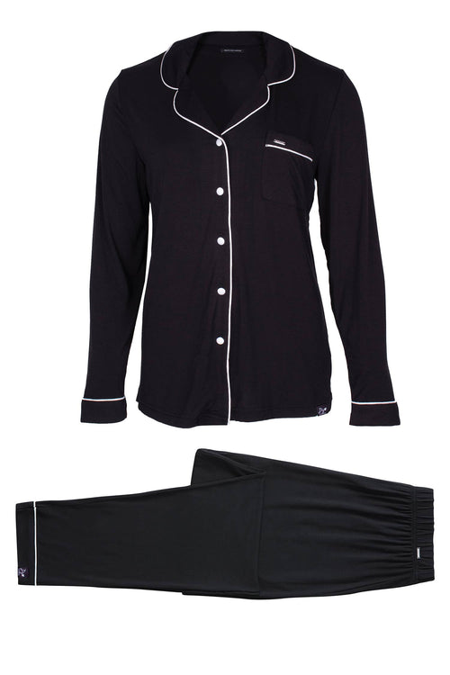 Flat lay of Black bamboo pajama pant set with white trim and buttons. Front pocket