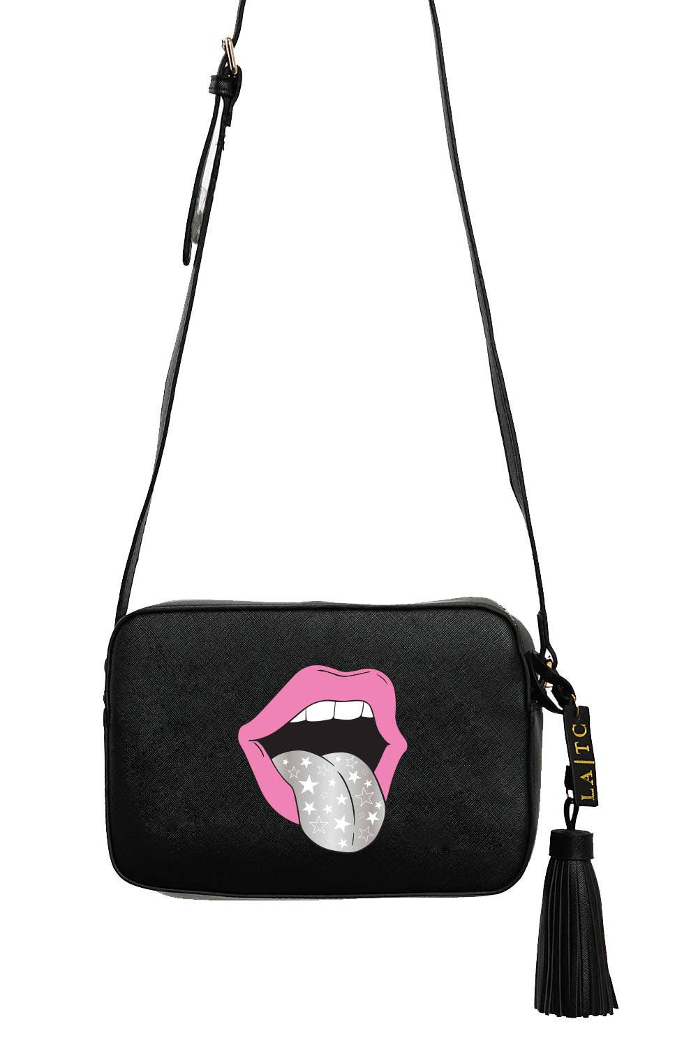 Black vegan leather crossbody bag with a pink mouth design and a tassel, featuring an adjustable strap.