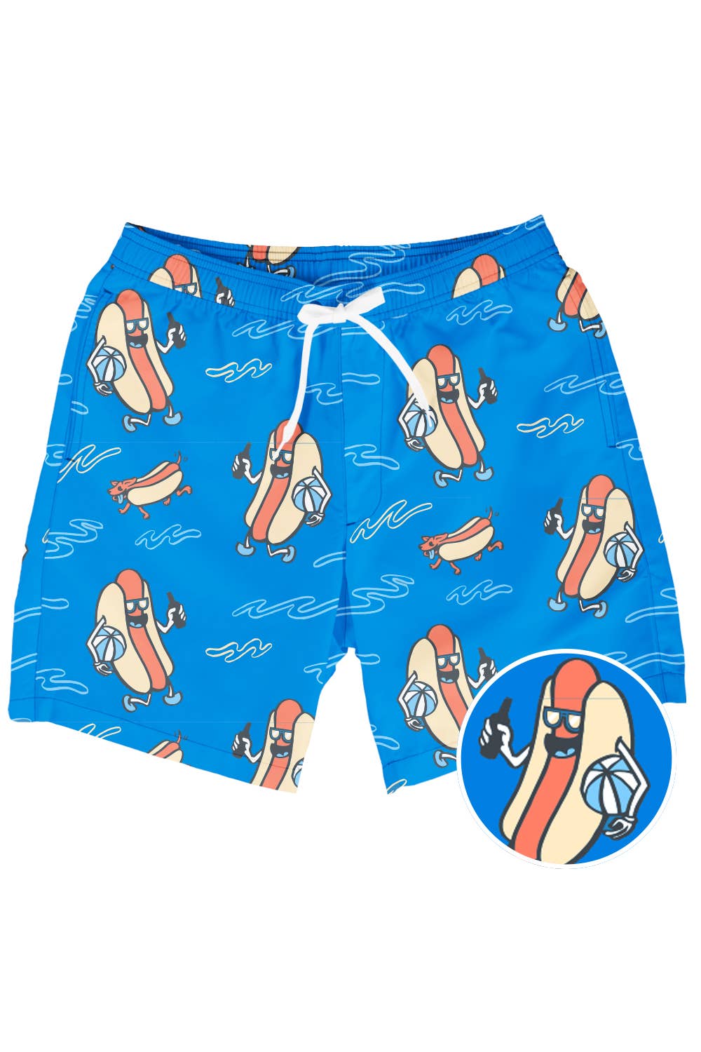 Men's tipsy elves blue hot dogs swim trunks with drawstring waistband and pockets