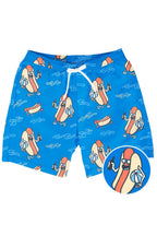 Men's tipsy elves blue hot dogs swim trunks with drawstring waistband and pockets