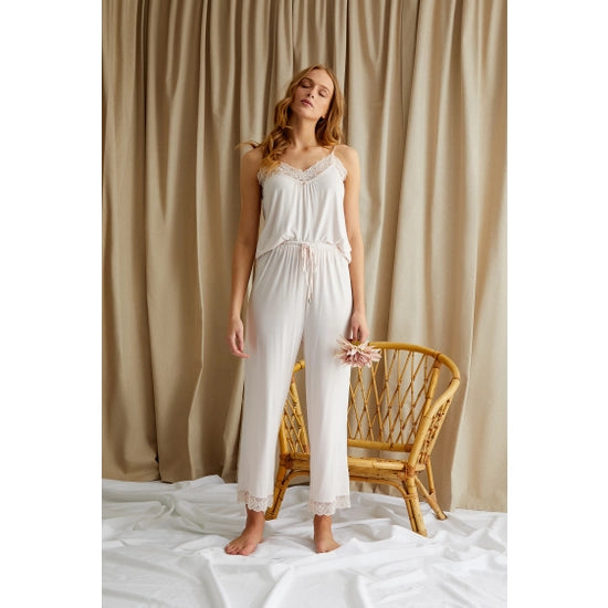 Bamboo Lace Cami and Cropped Trouser PJ Set in Powder Puff