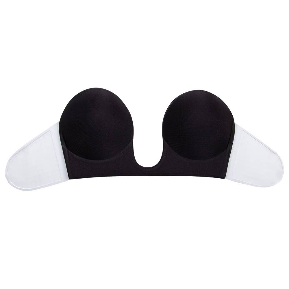 Women's adhesive reusable sticky bra deep v neck black flat lay