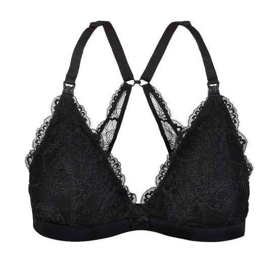 A black lace nursing bralette with adjustable racerback and drop-down cups, featuring a hook and eye clasp.