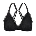 A black lace nursing bralette with adjustable racerback and drop-down cups, featuring a hook and eye clasp.