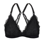 A black lace nursing bralette with adjustable racerback and drop-down cups, featuring a hook and eye clasp.