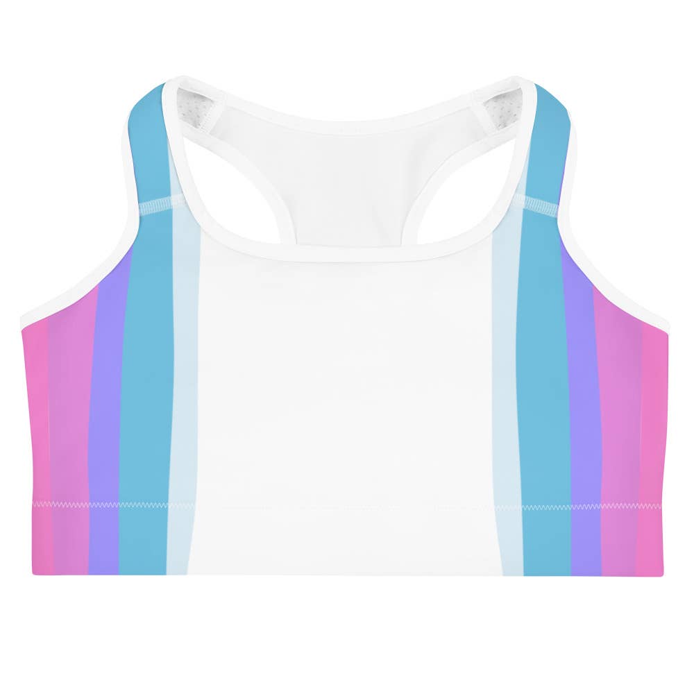 Women's multicolored sports bra with pink, blue, and purple stripes, featuring white shoulder straps and a white front panel.