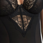 Women's Panache lingerie bodysuit in black with lace for over d cups on model front lace detail